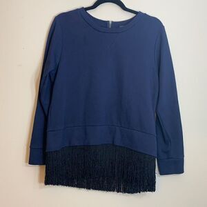 J Crew Womens Navy Pullover Size M Zip Back Bottom Fringe (g1)